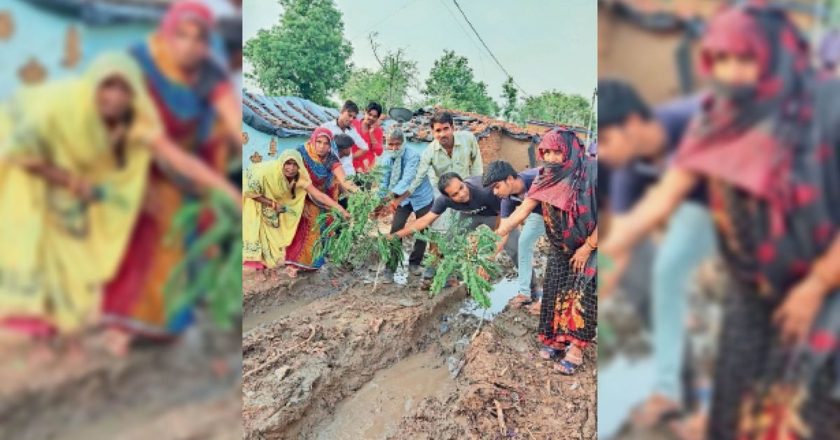 प्रशासन की अनदेखी से नाराजगी:रहवासियों ने कीचड़ भरी सड़क में उतरकर पेड़ की टहनियां लगाई
