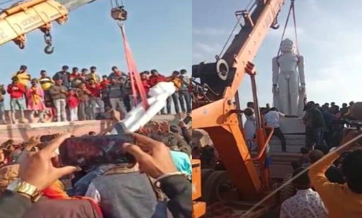विदिशा में भगवान बाहुबली की प्रतिमा विराजित:वियतनाम से आए सफेद पत्थर, जयपुर में निर्माण; 3 टन वजनी मूर्ति की क्रेन से स्थापना
